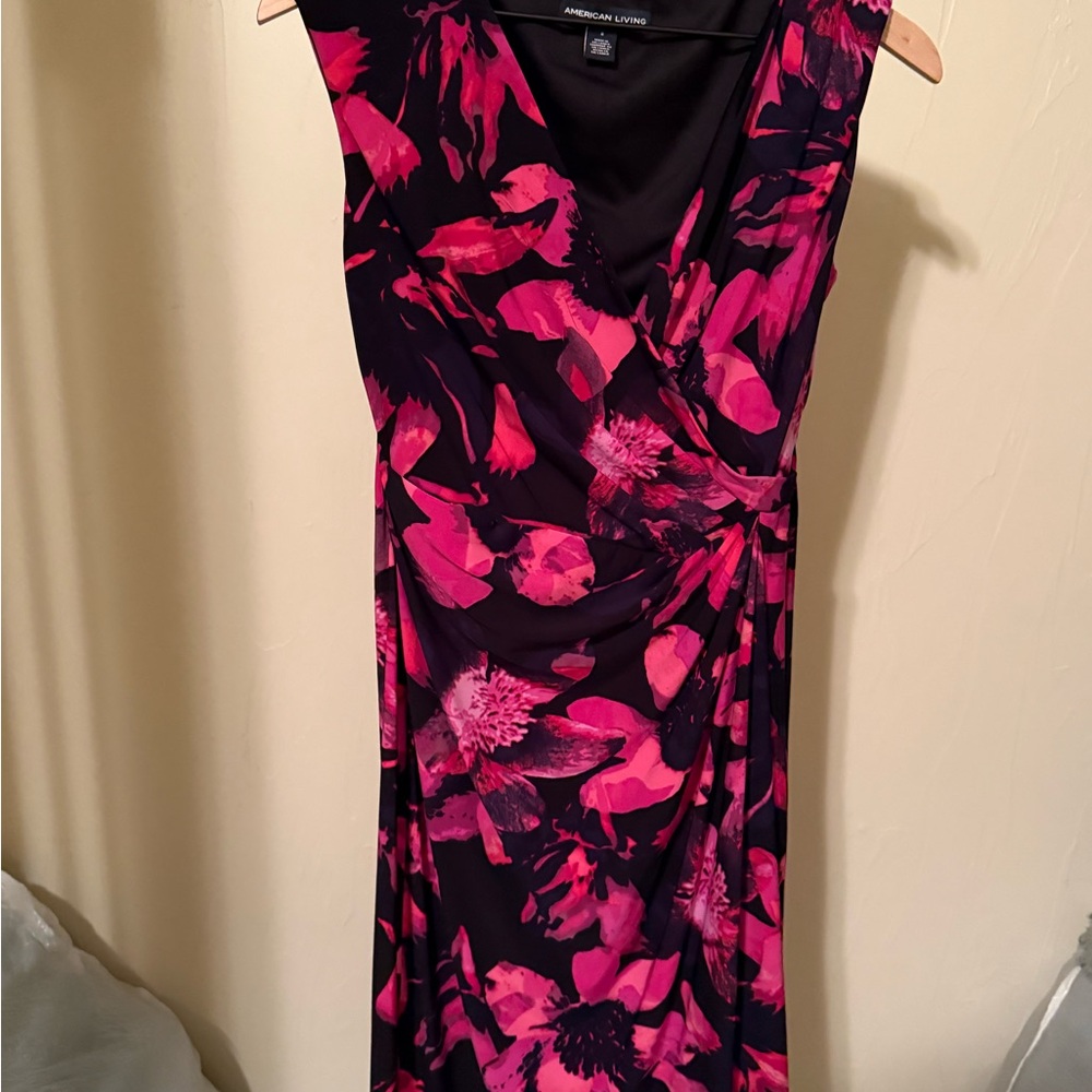American Living Pink and Black Floral Midi Dress